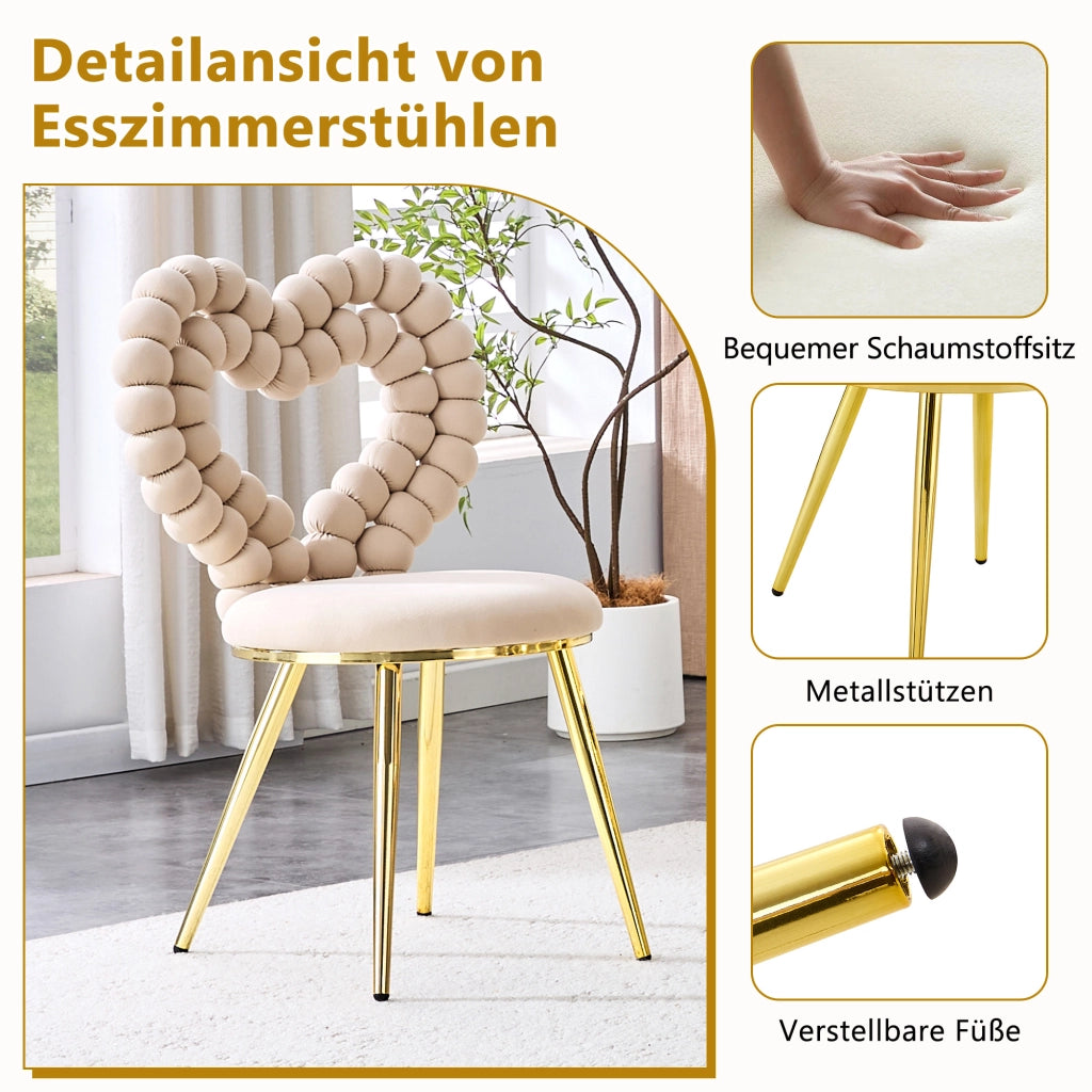 Chaise da pranzo 2 pezzi con schienale a cuore traforato in velluto e gambe in metallo nero beige chiaro