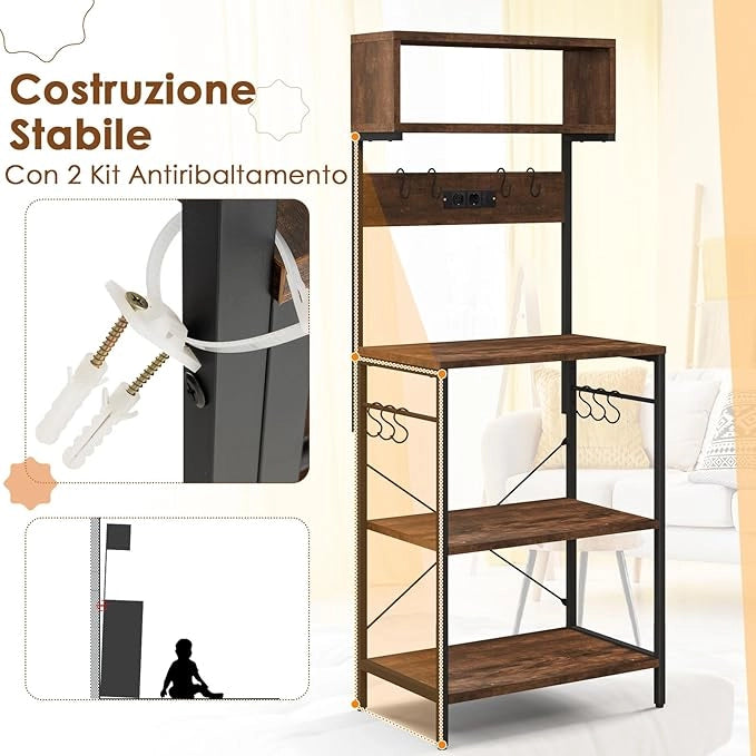 Mensola da Cucina, Supporto per Microonde con Presa Elettrica Ripiani Aperti e 10 Ganci Appendiabiti, Scaffale Multifunzionale per Cucina Soggiorno Bar, 60x42x153 cm