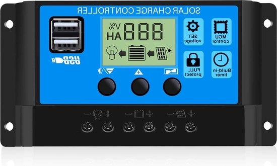 Regolatore di carica per batterie 12V/24V con doppia porta USB e impostazione oraria - Display LCD.