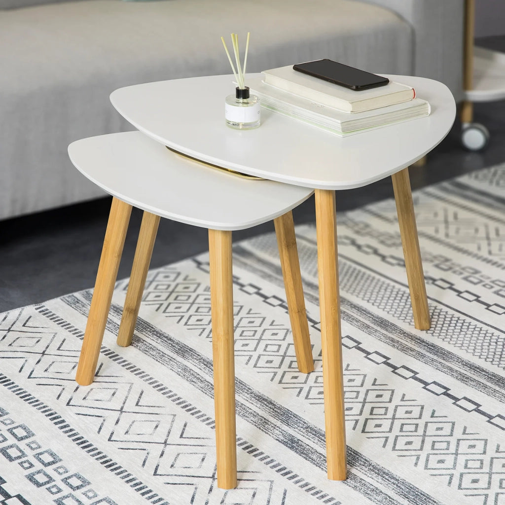 Set di 2 Tavolini Bassi da Salotto in Legno di bambù massello e MDF Tavolino Moderno Bianco FBT74-W