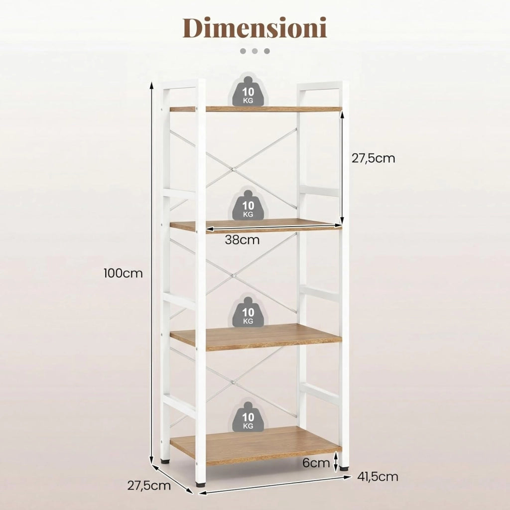 Libreria a 4 Ripiani, Scaffale Portaoggetti con Struttura in Metallo, con Ripiani Aperti e Design Anti-caduta, per Soggiorno Ufficio Casa, 41,5x27,5x100 cm (Naturale)