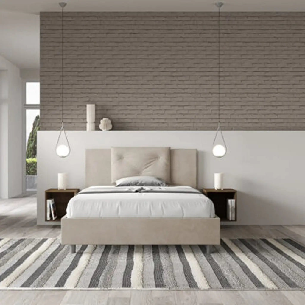 Letto matrimoniale francese senza rete imbottito 140x210 microfibra sabbia Appia