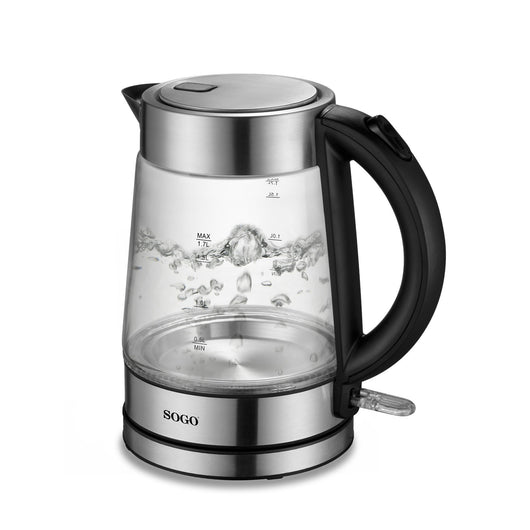 SOGO Bollitore Elettrico in Vetro 1,7L – 2200W, Senza Fili 360°, Acciaio Inox, Spegnimento Automatico, Protezione Surriscaldamento