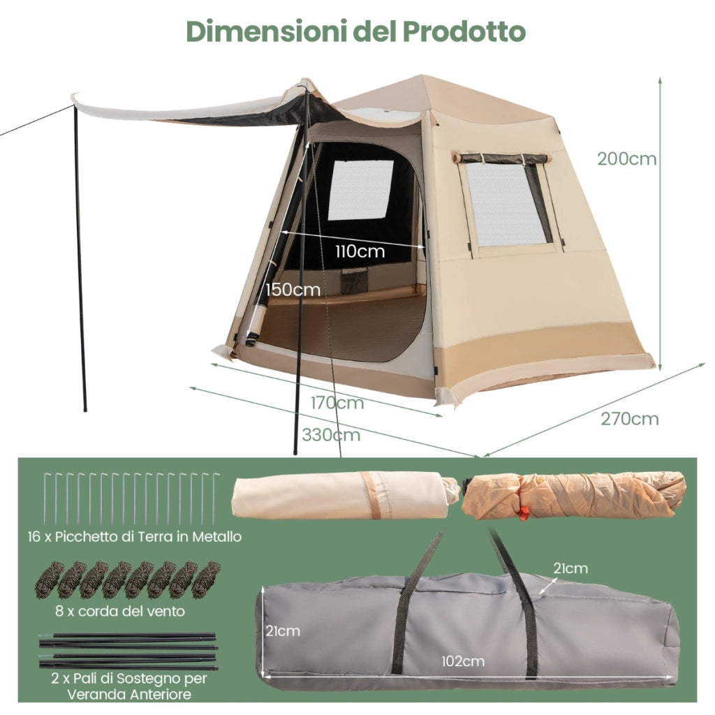 Tenda da campeggio pieghevole con supporto automatico telo antipioggia e antivento, Tenda a doppio strato 330x270x200cm-Tende