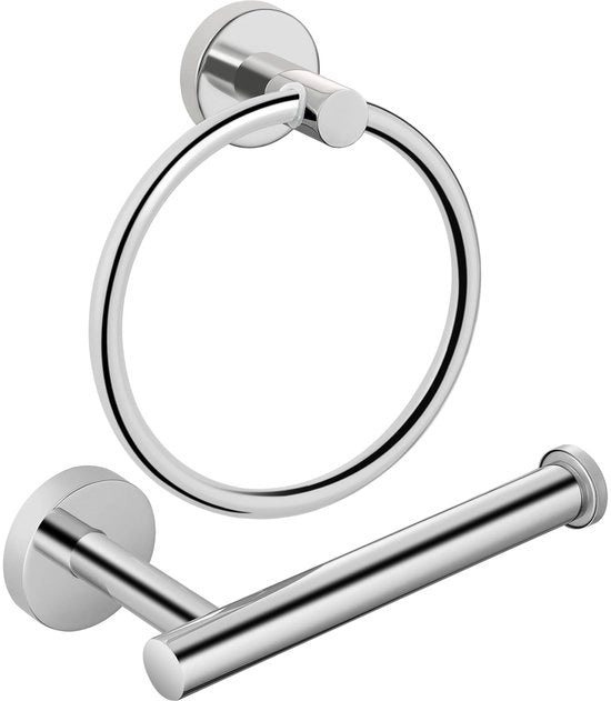 Set di accessori da bagno 2 in 1, contenente un asse da asciugamano e un supporto per carta igienica, in acciaio inossidabile SUS304, robusto accessori da bagno per uso domestico o in cucina, finitura cromata.