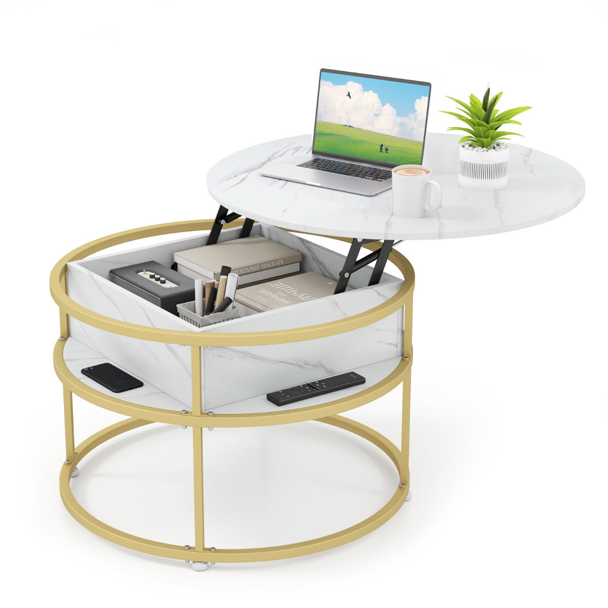 Tavolino da caff¨¨ con piano sollevabile con vano nascosto e ripiani laterali-Tavolo rotondo da 80 cm Bianco