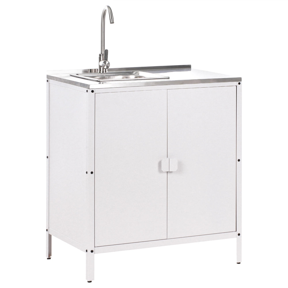 Set di 2 elementi per la cucina all'aperto in acciaio inox bianco con portaoggetti e lavello cucina da esterno