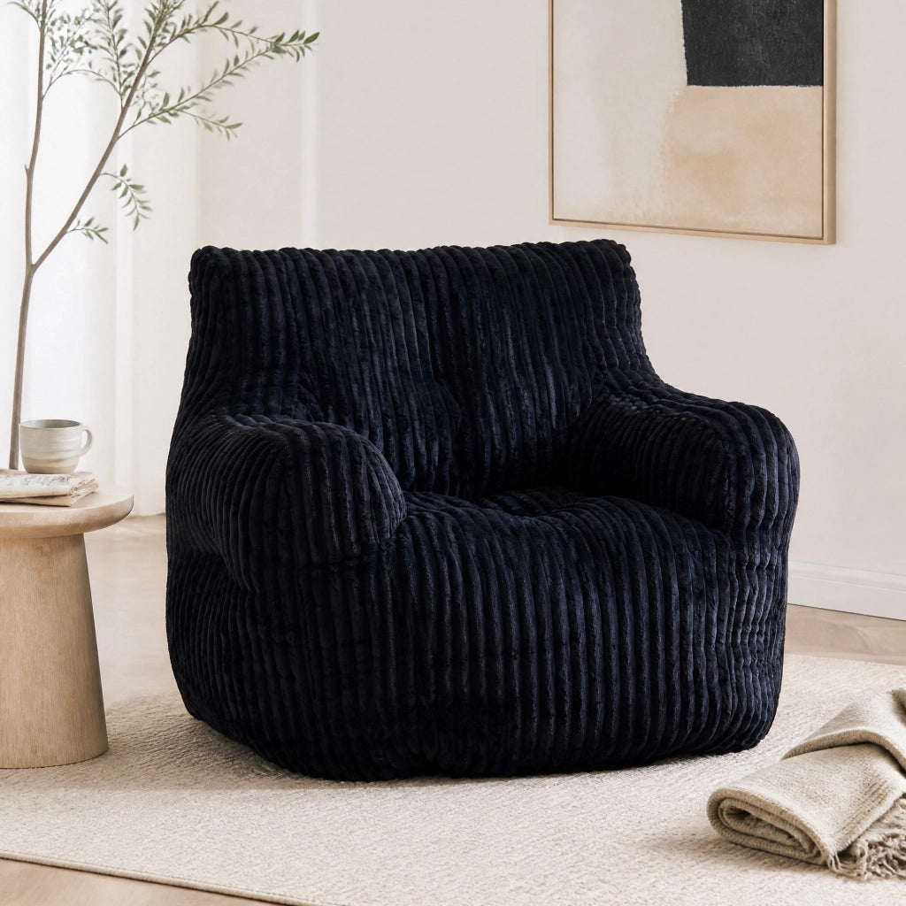 Pouf sacco imbottito in morbido corduroy nero, 100 × 94 × 70 cm, portata 110 kg