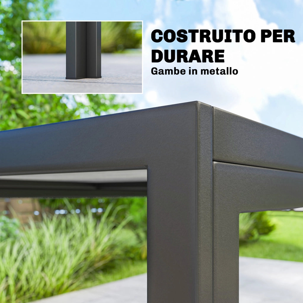 Tavolo da Giardino 4-6 Persone 150x80x74 cm con Piano Effetto Legno in Acciaio e Plastica Grigio e Nero