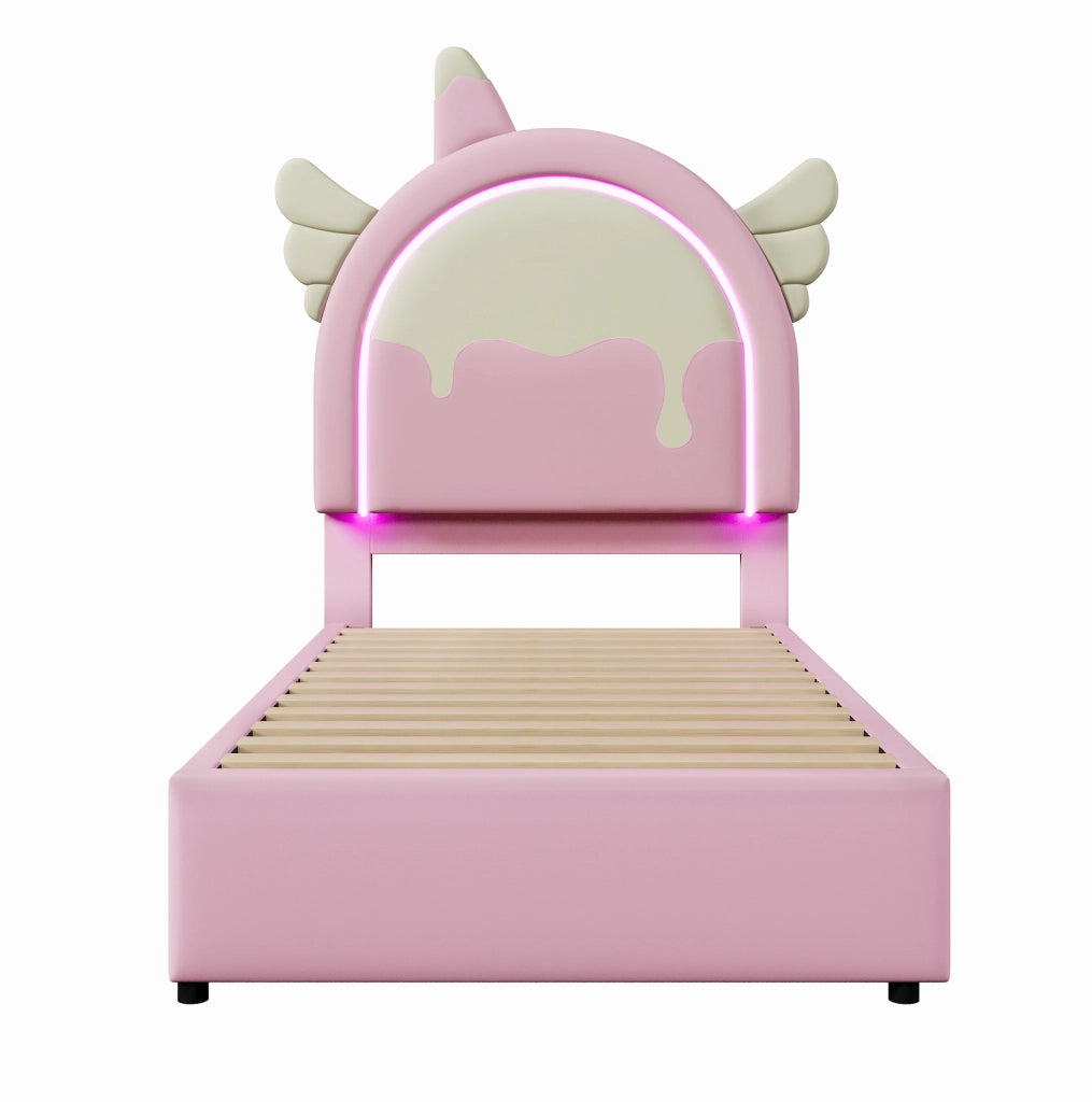 Letto imbottito 90x200 cm con barra LED; 2 cassetti; PU e MDF; rosa