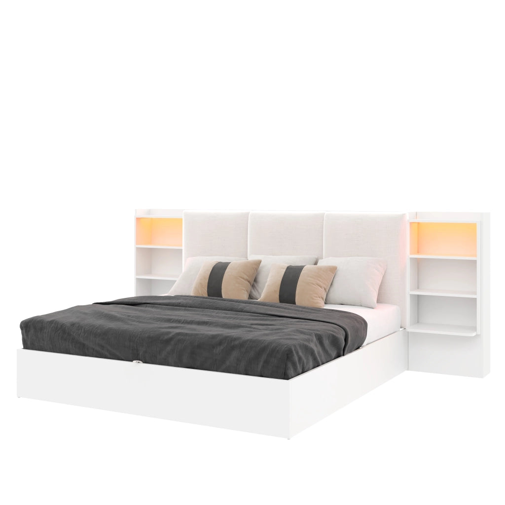 Letto Contenitore 180 x 200 cm - 6 Vani; LED Regolabile e Testiera Imbottita - Bianco