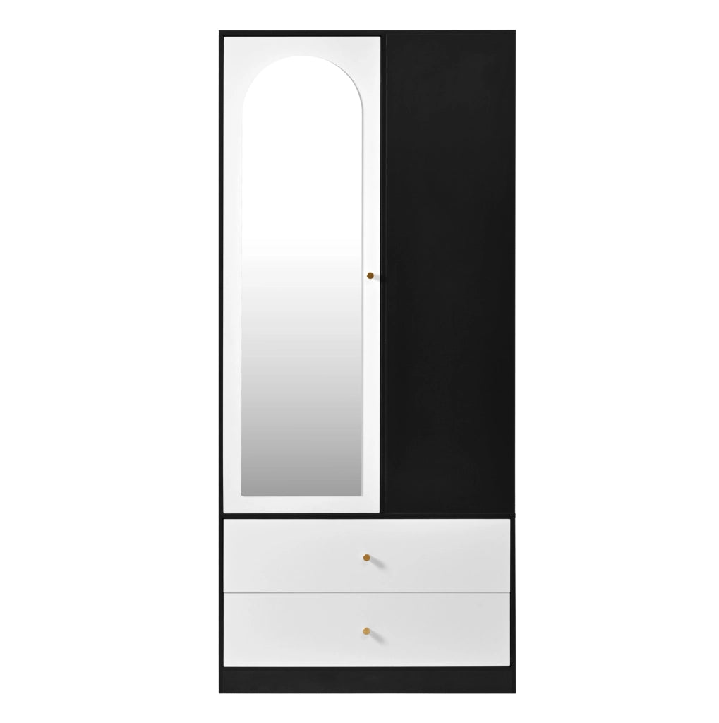 Armadio moderno con specchio, cassetti e ripiani, Bianco e nero, 180 x 80 x 40 cm