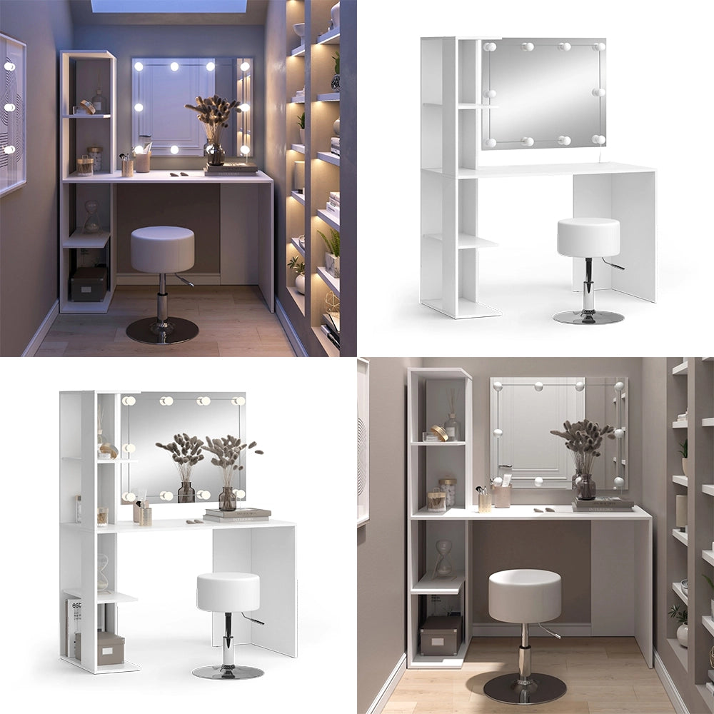 Vicco Tavolo da toilette Bianco 122.2 cm con illuminazione e sgabello