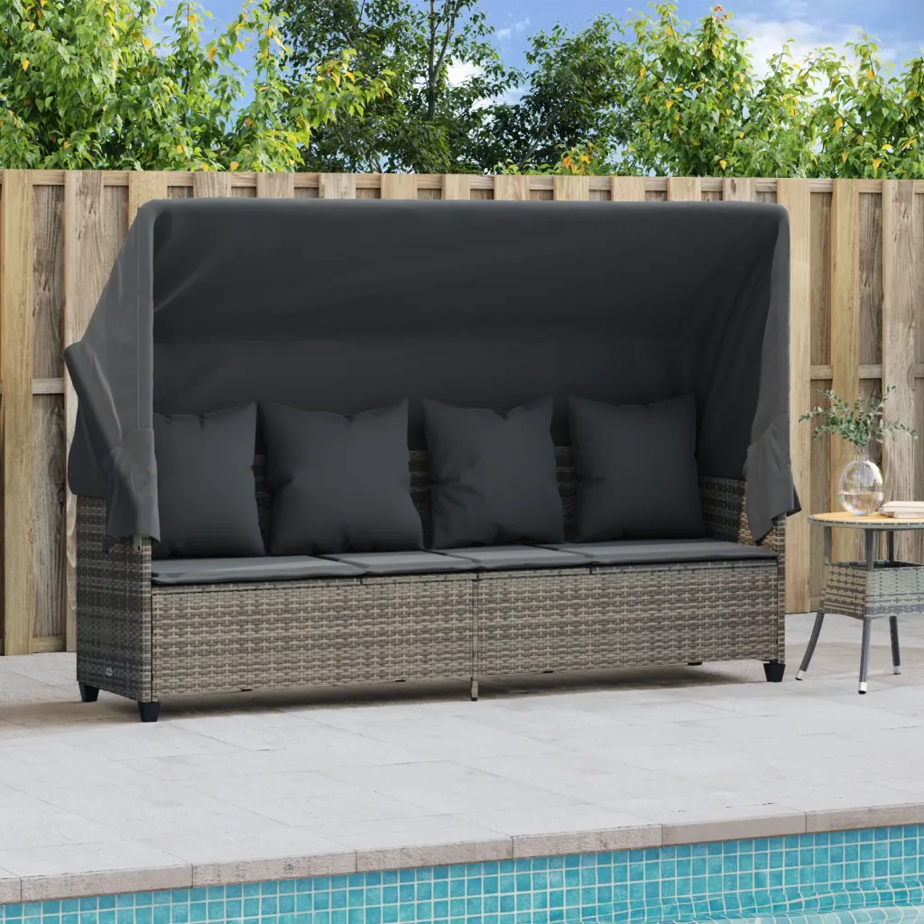 Lettino Prendisole | Sdraio da giardino | Lettino da sole con Baldacchino e Cuscini Grigio?Polyrattan