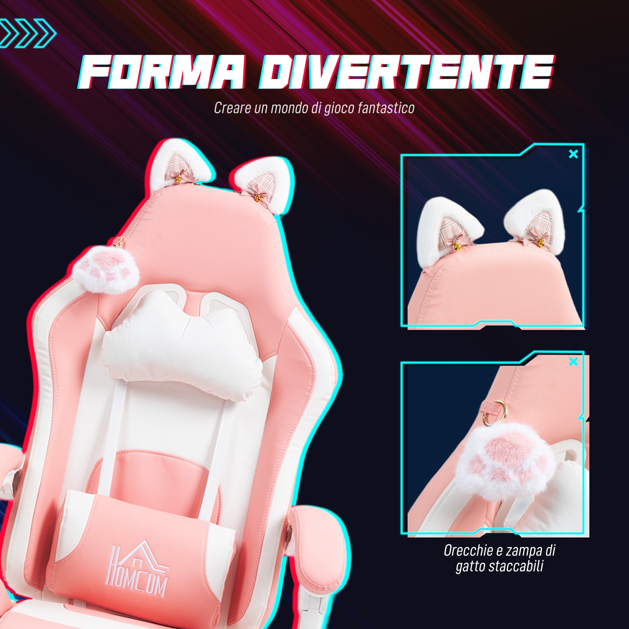 Sedia da Gaming Ergonomica con Orecchie da Gatto Poggiapiedi Retrattile e Schienale Reclinabile 135° Rosa