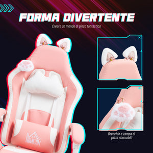Sedia da Gaming Ergonomica con Orecchie da Gatto Poggiapiedi Retrattile e Schienale Reclinabile 135° Rosa