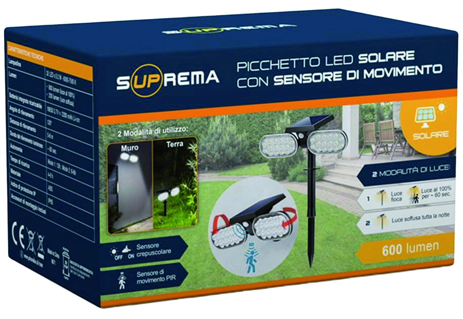 Suprema PICCHETTO SOLARE SNODABILE, 32 led x 0,2 watt, 200-600 lumen, luce fredda