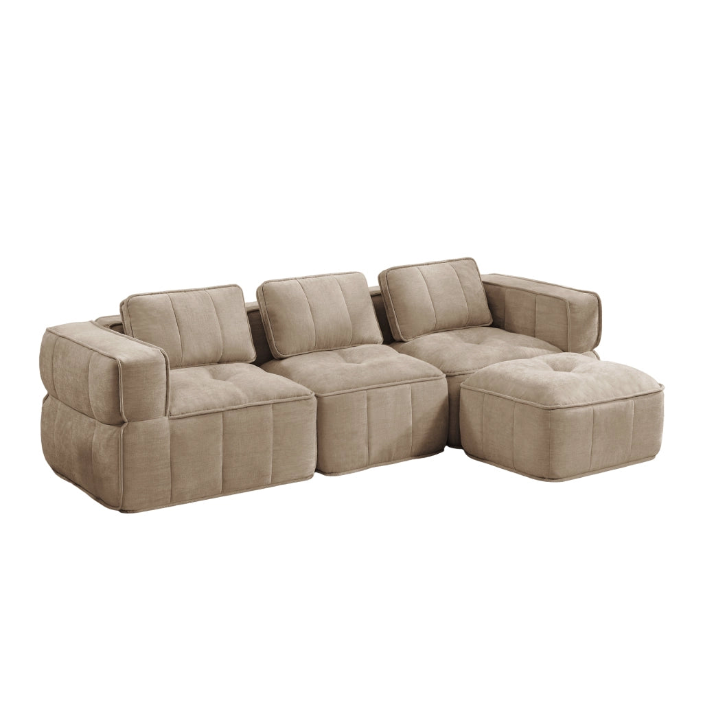 Divano modulare angolare senza struttura a 3 posti con pouf in poliestere sabbia per soggiorno 271 × 162 × 67 cm