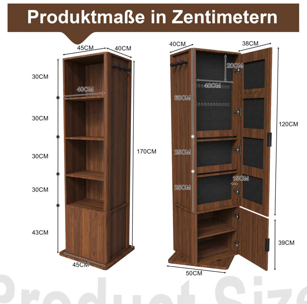 Armadio specchio girevole 4 in 1 con contenitore; 50x50x170 cm; MDF effetto noce