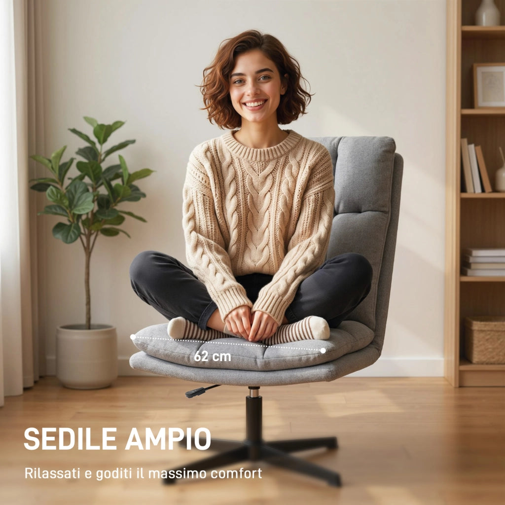 Poltrona da Salotto Girevole 63x75x92-102 cm in Tessuto Effetto Lino e Metallo Grigio Chiaro