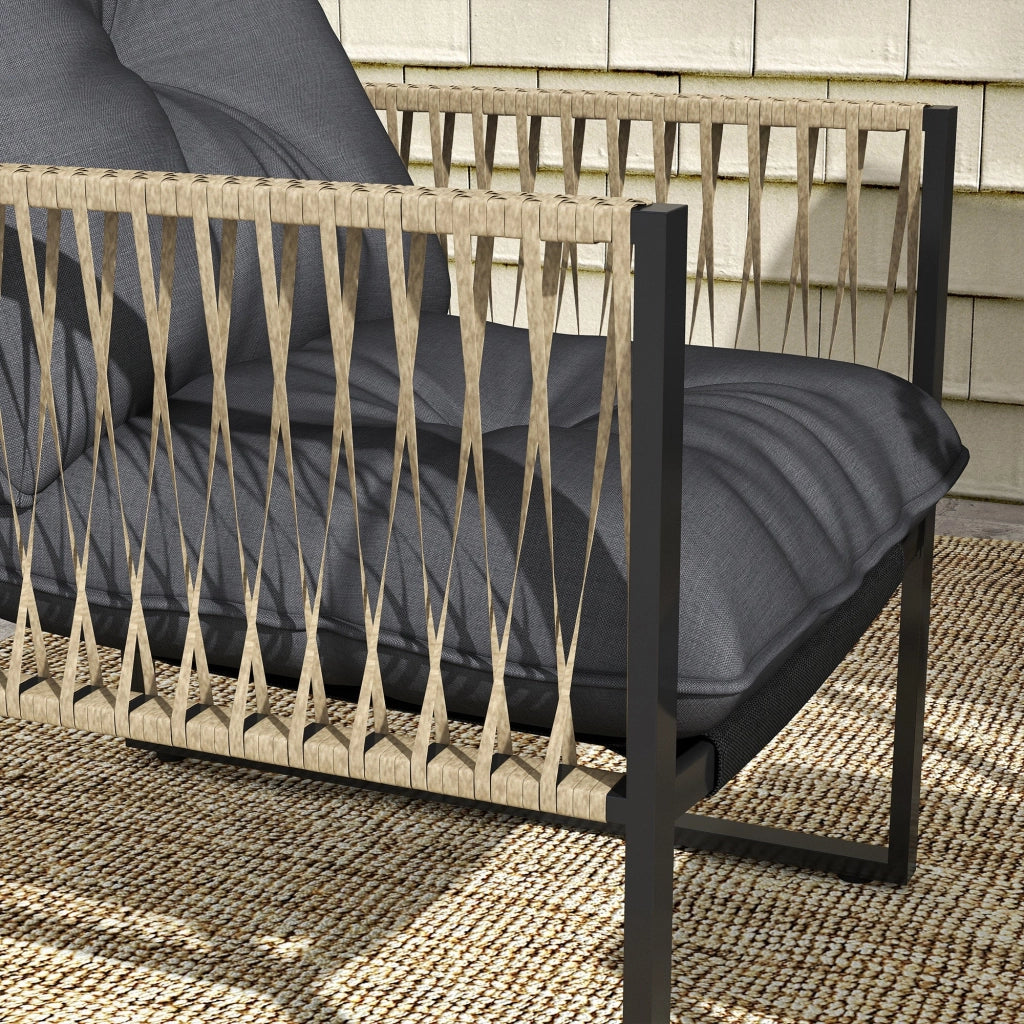 Set Salotto da Giardino Divano 2 Poltrone e Tavolino in Acciaio Poliestere e Rattan Grigio e Marrone