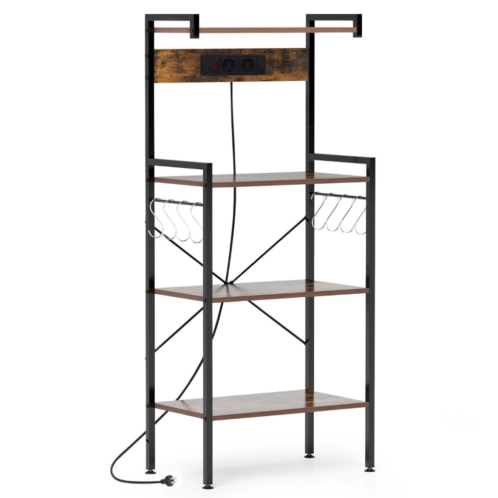 Scaffale da cucina con prese di corrente, Supporto per microonde a 4 livelli con 8 ganci a S Marrone rustico