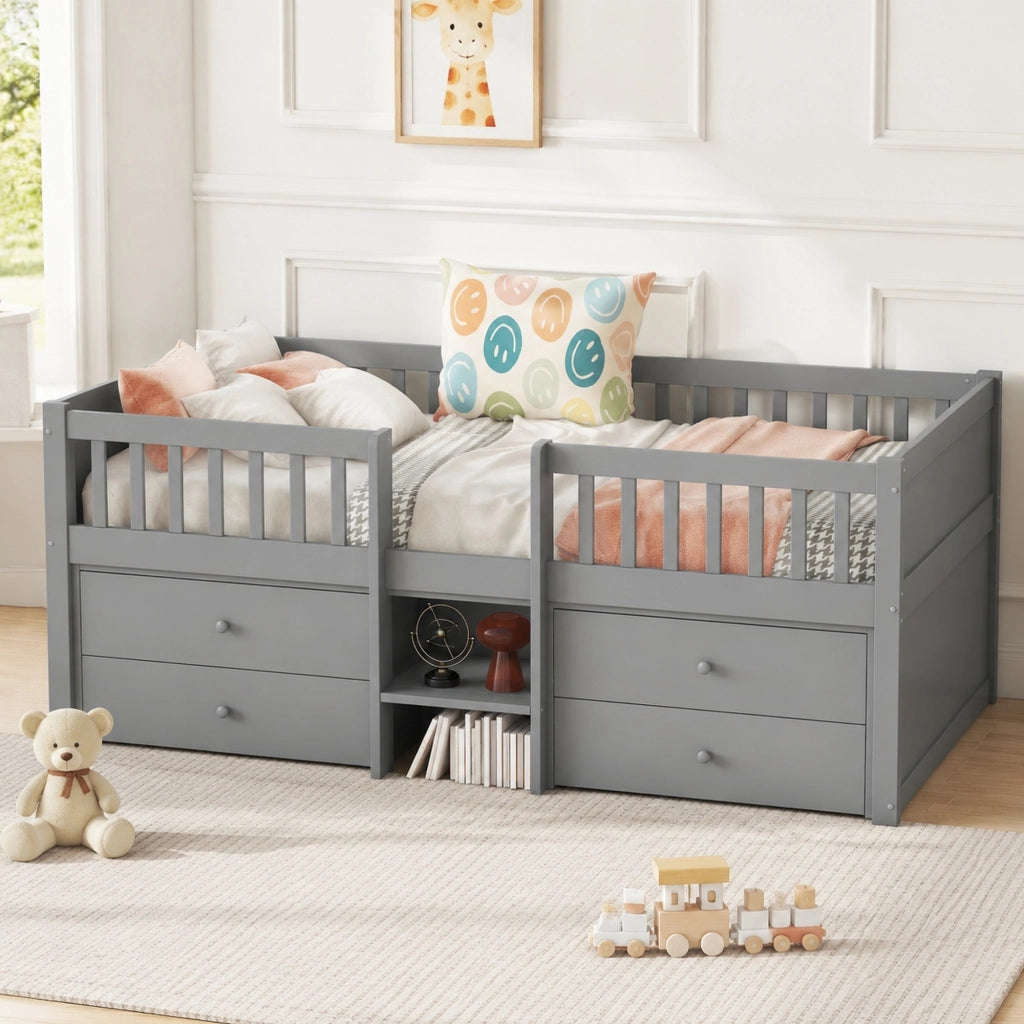 Letto semi-alto 90x200 cm con 4 cassetti; scala e sponde; in legno di pino e MDF; grigio