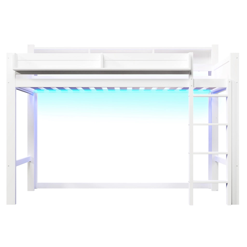 Letto a soppalco 90x200 in legno bianco con armadietti e presa USB
