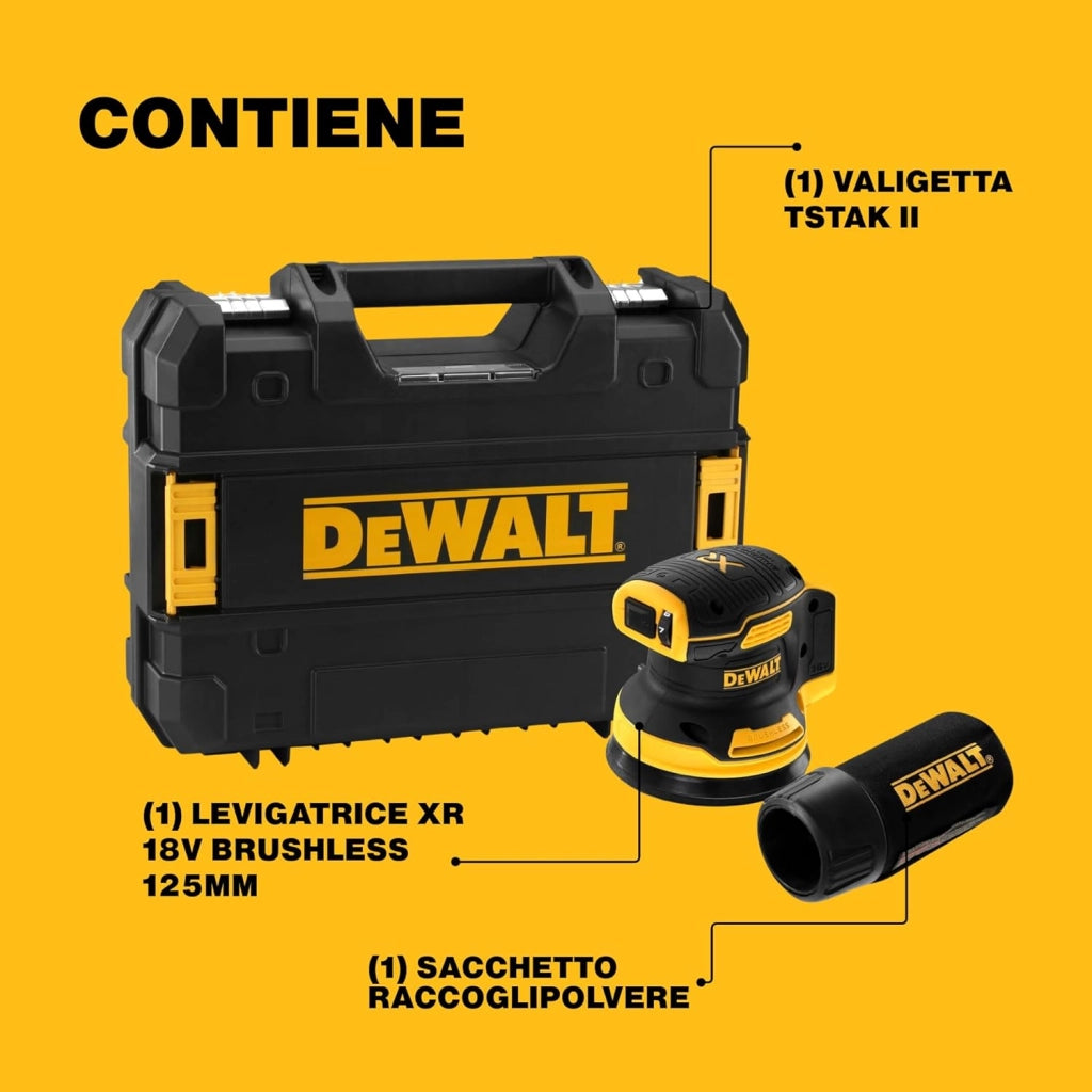 DEWALT Levigatrice Rotorbitale Brushless 18V XR, Platina 125mm, Regolazione Velocità, Impugnatura Ergonomica, Hook & Loop, Basse Vibrazioni, Interruttore Sigillato, Solo Corpo – DCW210NT-XJ