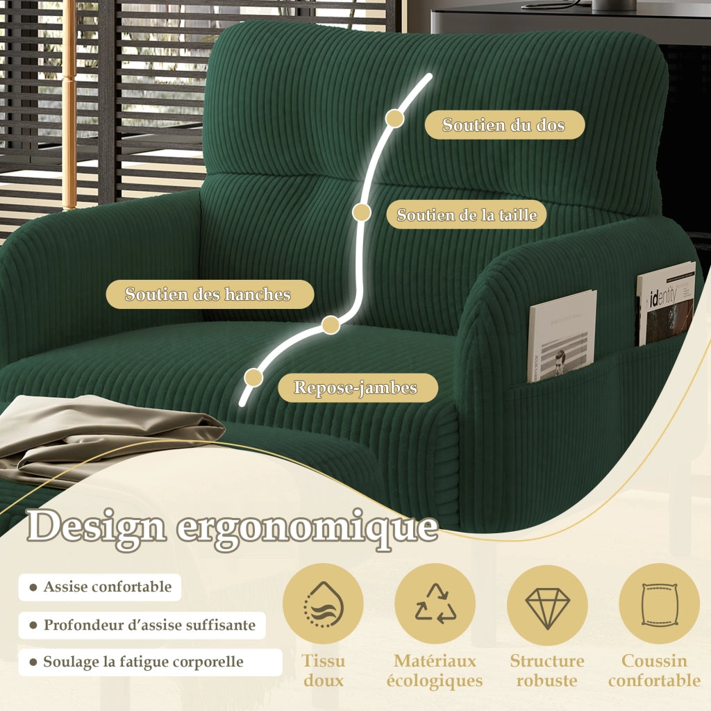 Poltrona con Seduta Profonda e Tasche Laterali; Schienale Ergonomico; in Velluto a Coste; Smeraldo