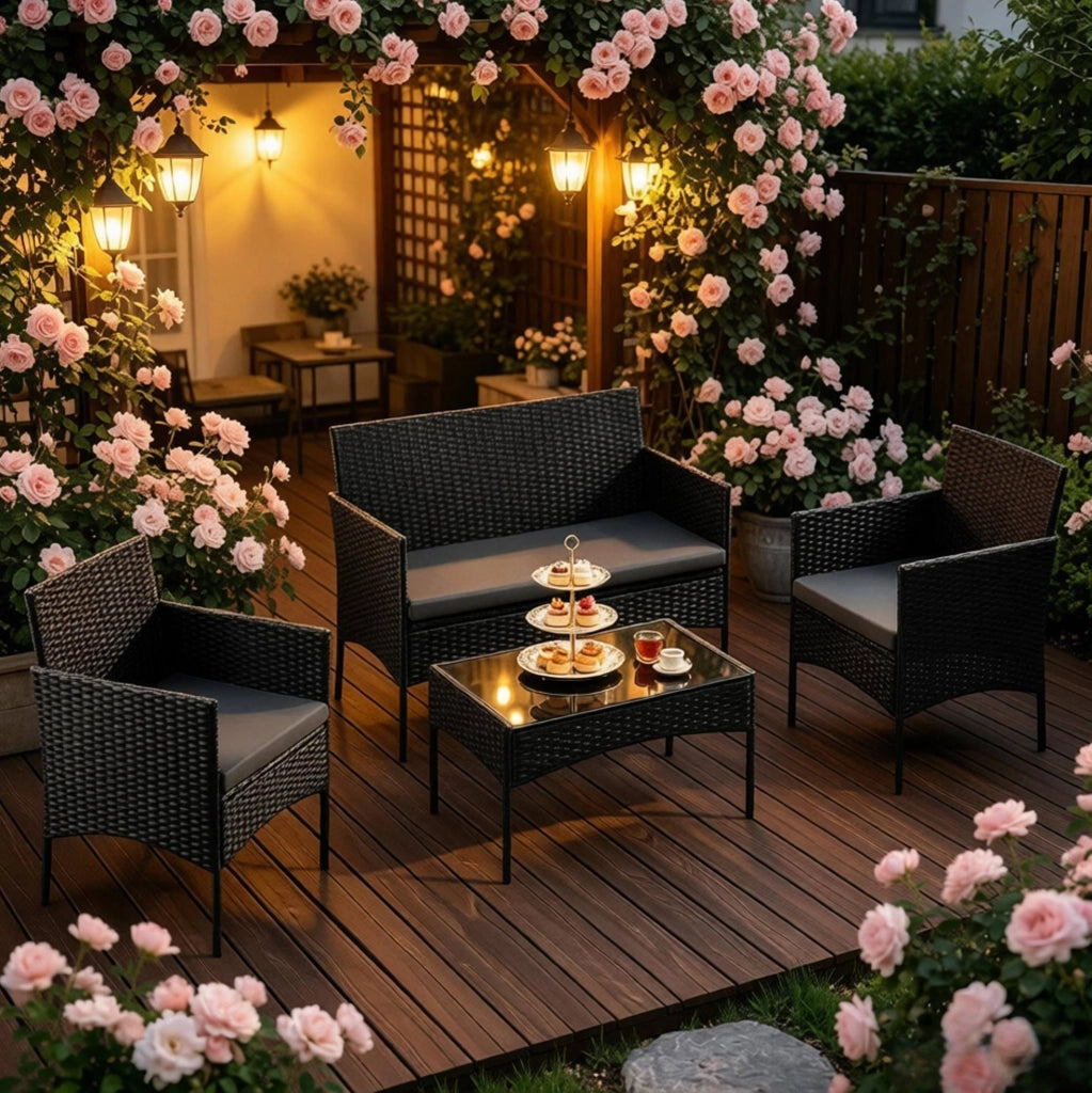 Set mobili da giardino per 4 persone in rattan PE nero; con tavolino in vetro temperato 71 cm