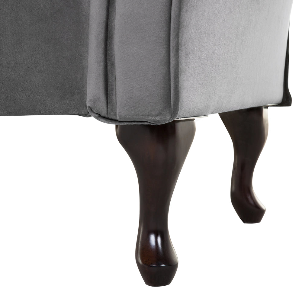 Chaise longue in velluto grigio con bottoni rivestimento trapuntato braccioli arrotolati a versione destra con cuscino