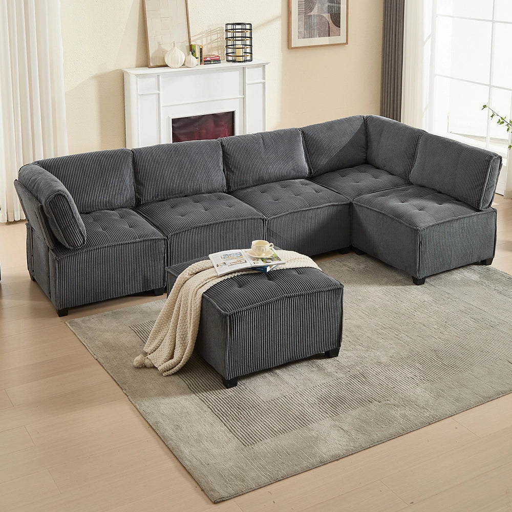 Divano modulare - Xylo - 6 posti velluto costato combinabile U/L/letto grigio