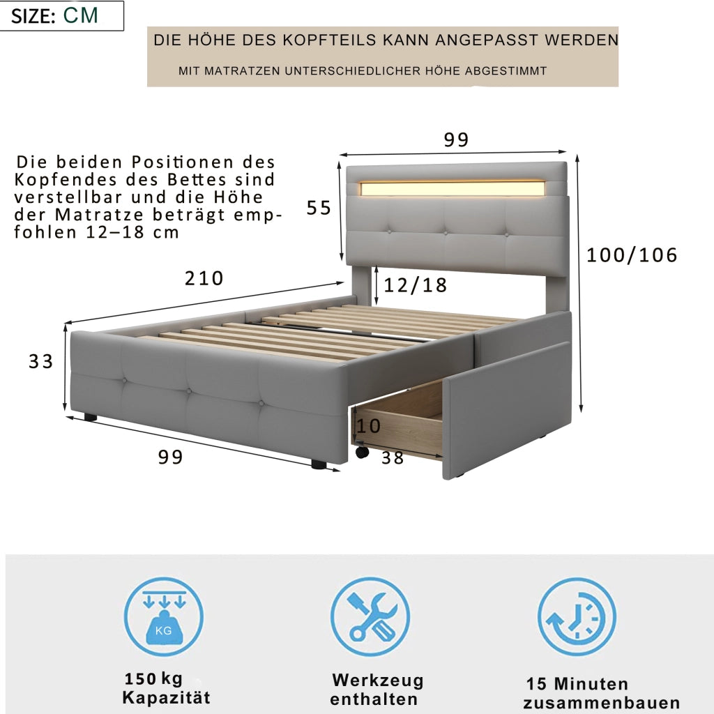 Letto imbottito 90x200 cm grigio con LED, 2 cassetti e rete a doghe