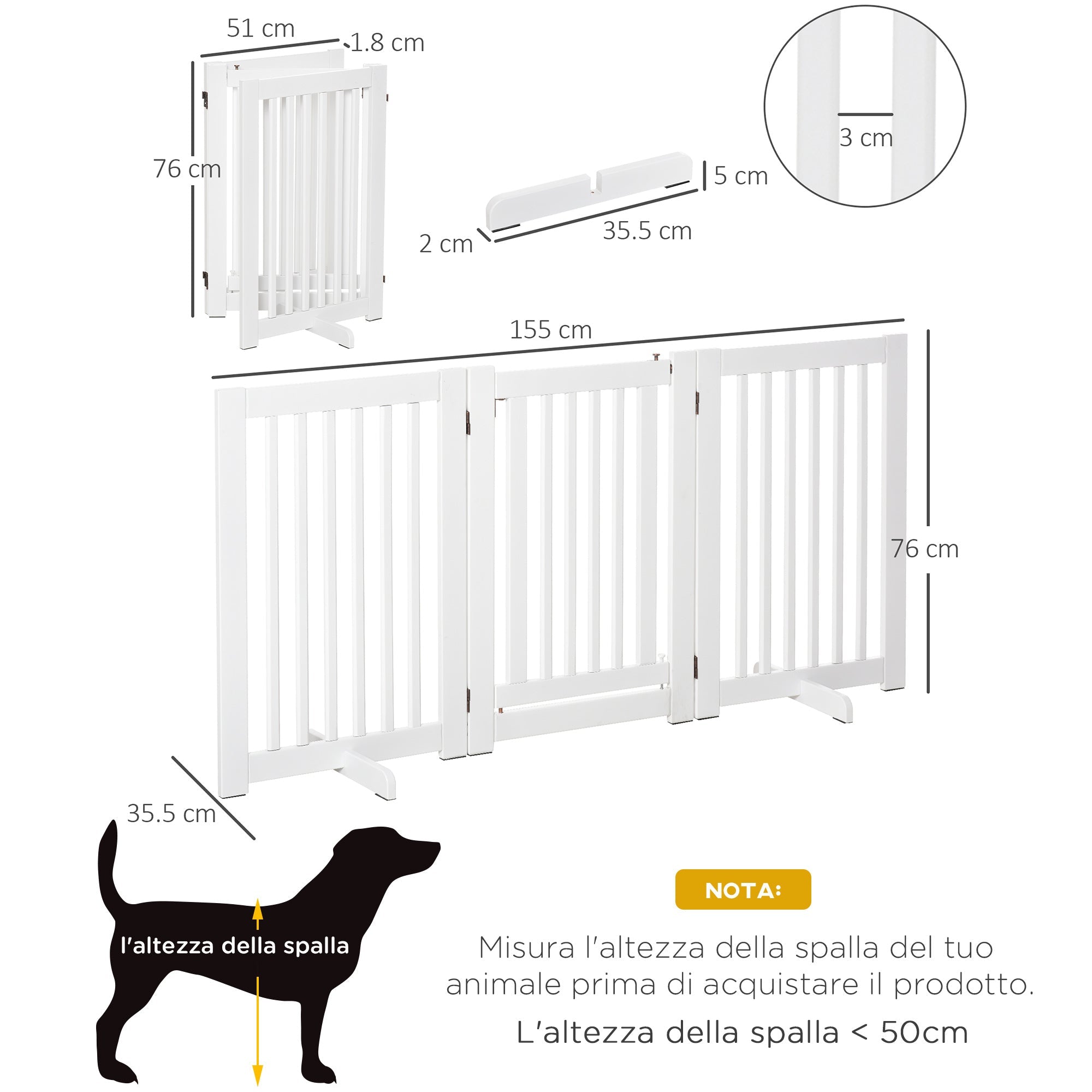 Cancelletto di Sicurezza Pieghevole per Animali Domestici 155x35,5x76 cm in MDF Bianco