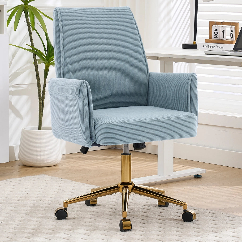 Sedia da ufficio girevole con schienale ergonomico e braccioli, cuscino in memory foam, base in metallo dorato blu