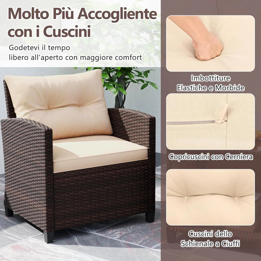 Set Salotto da Giardino da 3 Pezzi, con 2 Sedie e Tavolo da Caffè in Vetro, Divanetto in Rattan con Cuscini per Seduta e Schienale, Set da Conversazione per Cortile e Patio