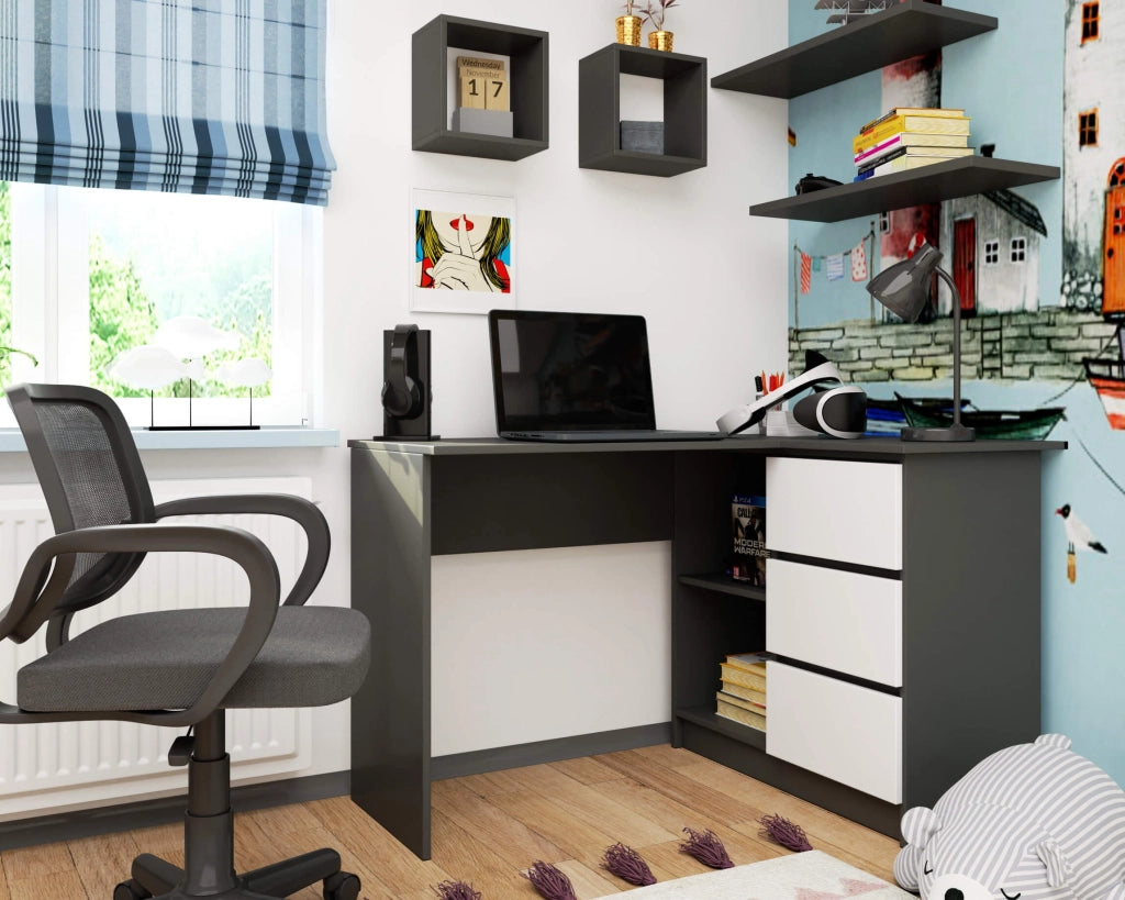Scrivania angolare AKORD B16 Grigio Grafite 124 cm 3 cassetti inserto frontale Bianco 124x85x77 cm Modello a destra