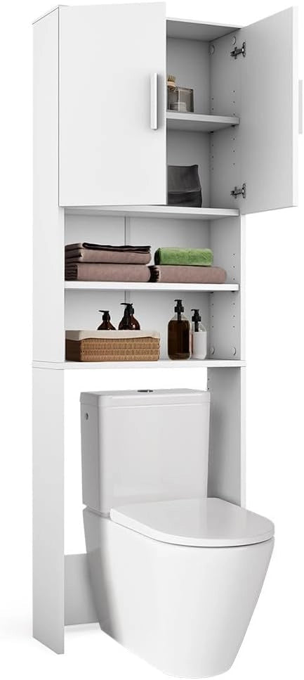 Armadietto per toilette, Bianco, 64 x 190 cm con 2 porte, per riporre articoli da bagno sopra il WC