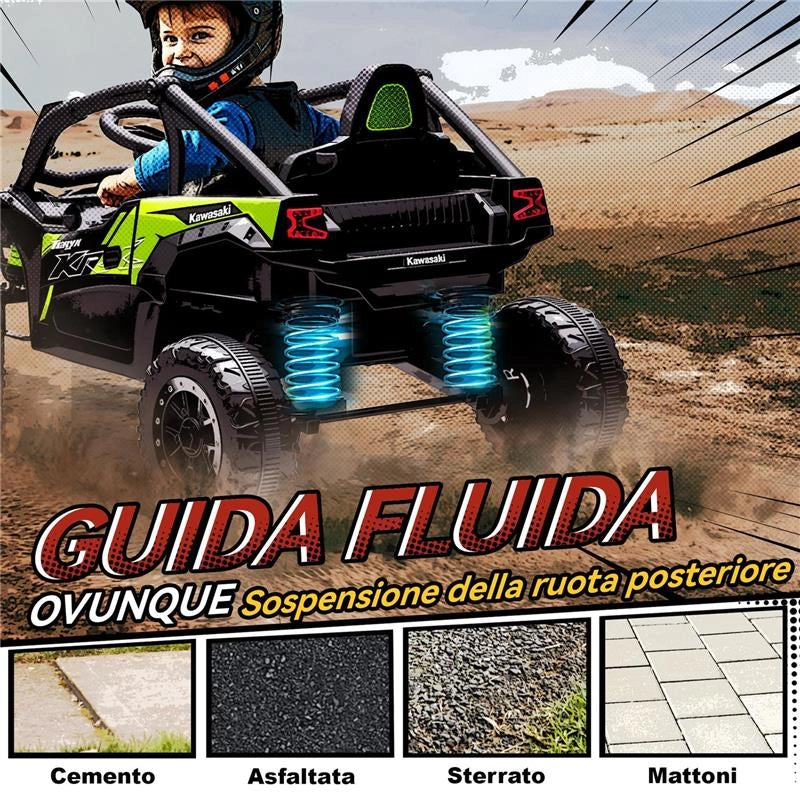 MACCHINA ELETTRICA PER BAMBINI 3-5 ANNI 12V CON LICENZA KAWASAKI, DOPPIO MOTORE, TELECOMANDO E MUSICA, NERO