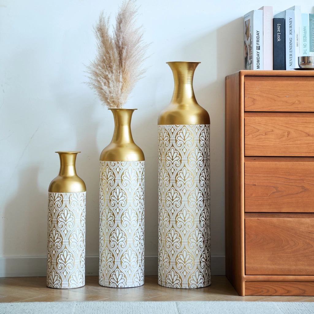 VASO DA TERRA Set da 3 pezzi 50/66/83 cm Metallo Oro/Bianco