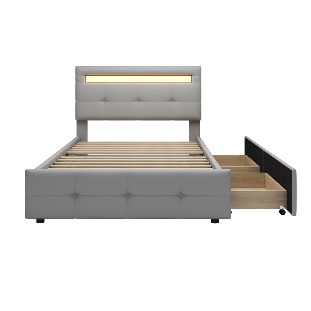 Letto imbottito con LED, 2 cassetti e testiera regolabile, 90x200 cm, grigio