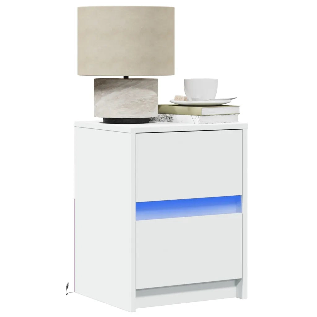 Set di 2 Comodini | Armadio da Notte | Mobiletto da notte con Luci LED Bianchi in Legno Multistrato