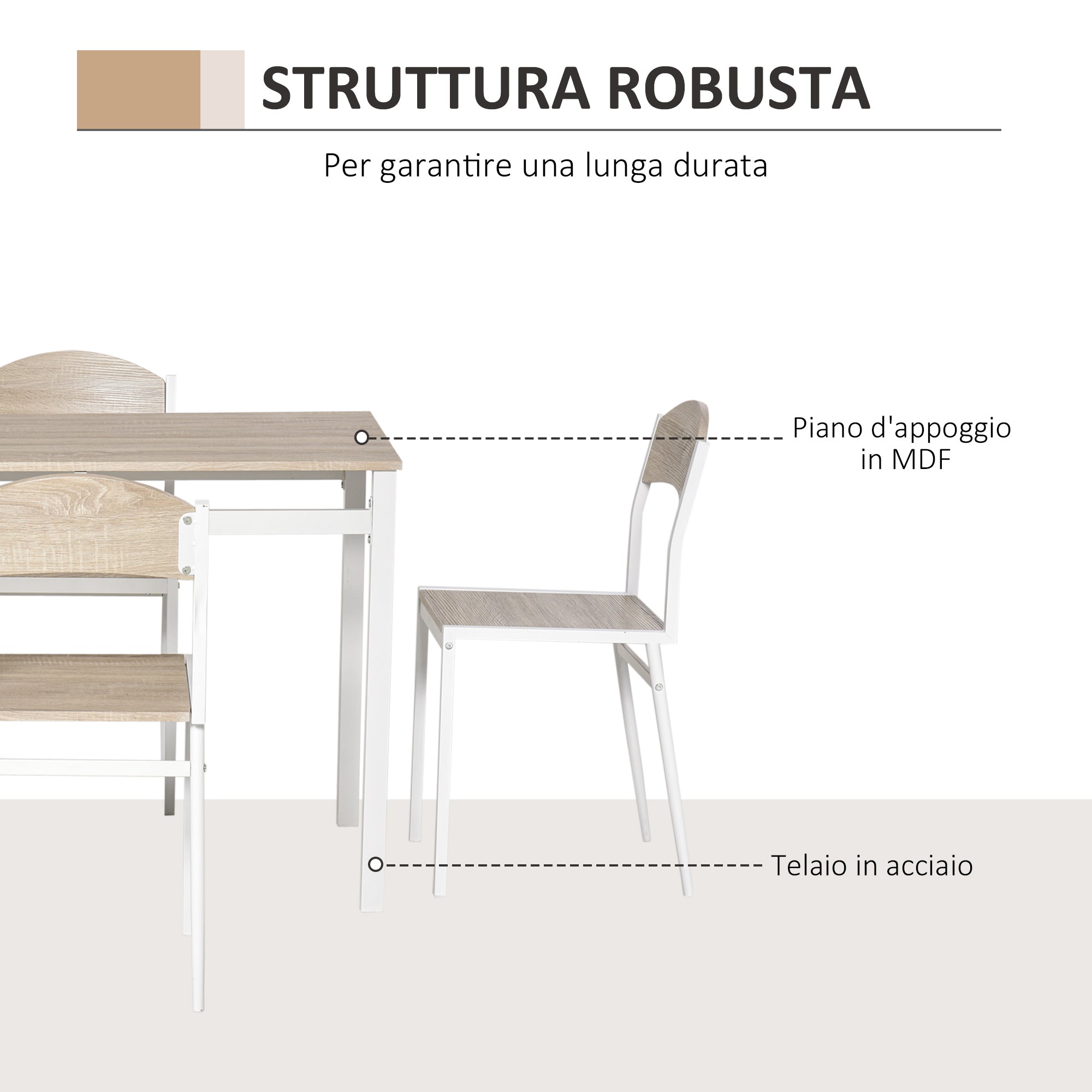 Set da Pranzo Tavolo e 4 Sedie in Metallo e MDF Bianco e Legno