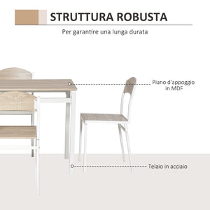 Set da Pranzo Tavolo e 4 Sedie in Metallo e MDF Bianco e Legno