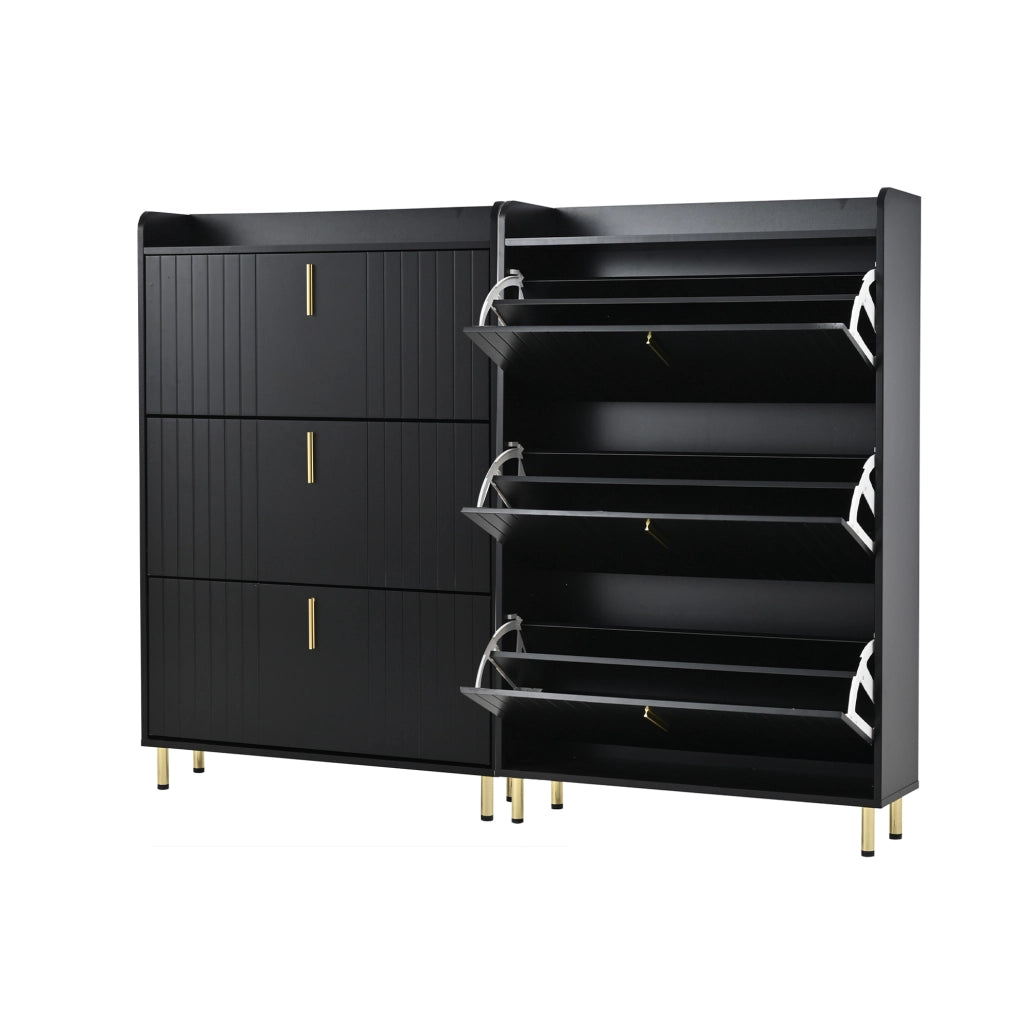 Mobile portascarpe nero opaco con 6 scomparti e piano superiore; 80 x 23 x 123;5 cm; MDF