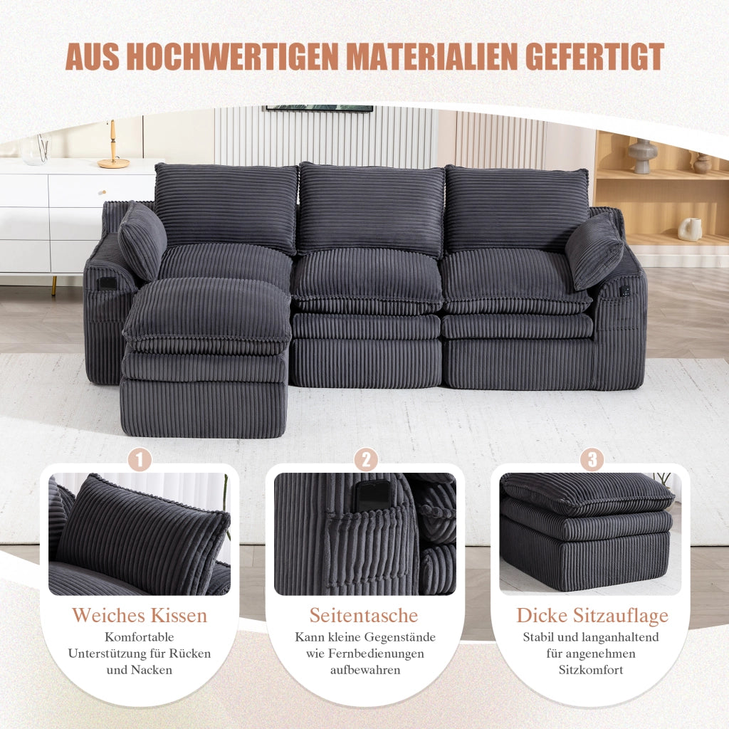 Divano modulare 3 posti con pouf, cuscini e tasche laterali, in tessuto corduroy grigio scuro per soggiorno e ufficio