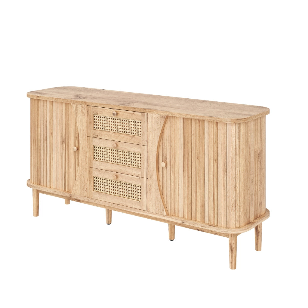 Credenza con 2 Ante Scorrevoli; 3 Cassetti in Rattan; Ripiani Regolabili; Piano Arrotondato; Stile Naturale; 140;5??40??76 cm