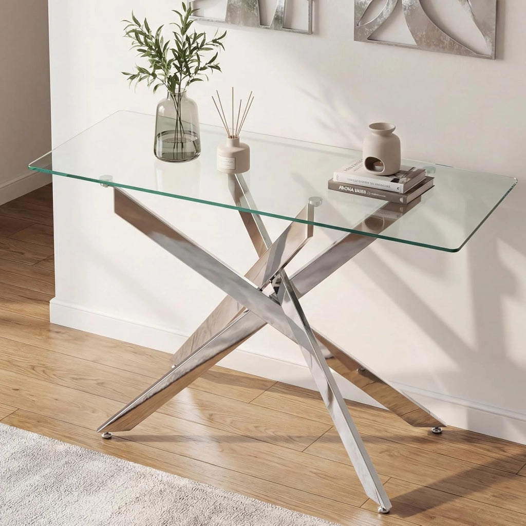 Consolle Ingresso in Vetro Temperato, Tavolo d'Ingresso con Gambe Incrociate in Metallo Placcato e Piedini Regolabili Antiscivolo, Tavolo per Corridoio, Entrata e Salotto (Argento)