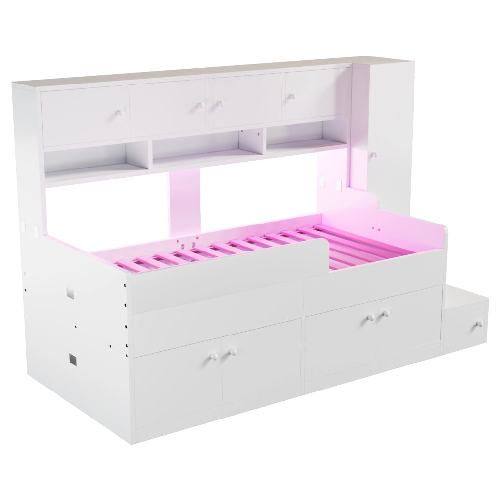 Letto per bambini 90x200 cm con contenitore; scala e LED; legno; bianco